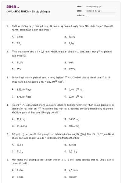 ĐGNL ĐHQG TP.HCM - Bài tập phóng xạ