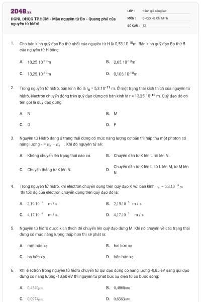 ĐGNL ĐHQG TP.HCM - Mẫu nguyên tử Bo - Quang phổ của nguyên tử hiđrô