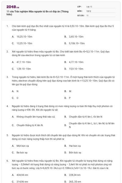 11 câu Trắc nghiệm Mẫu nguyên tử Bo có đáp án (Thông hiểu)