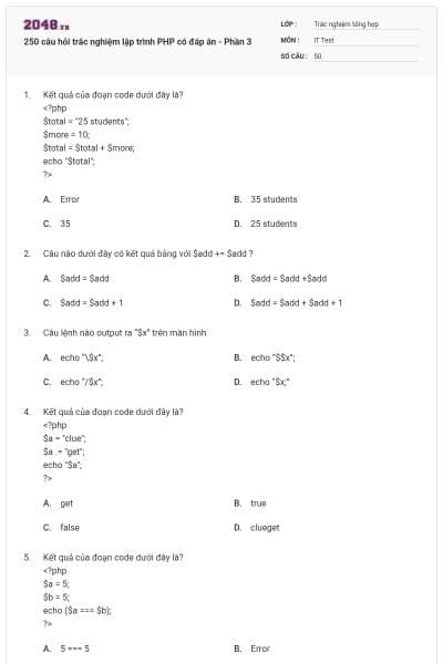 250 câu hỏi trắc nghiệm lập trình PHP có đáp án - Phần 3