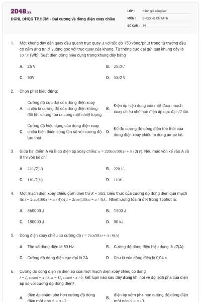 ĐGNL ĐHQG TP.HCM - Đại cương về dòng điện xoay chiều