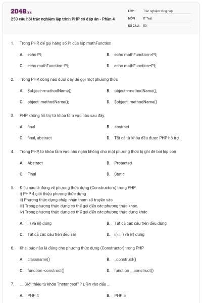 250 câu hỏi trắc nghiệm lập trình PHP có đáp án - Phần 4