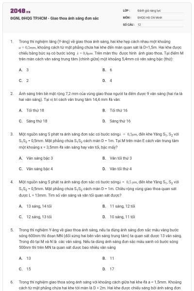 ĐGNL ĐHQG TP.HCM - Giao thoa ánh sáng đơn sắc