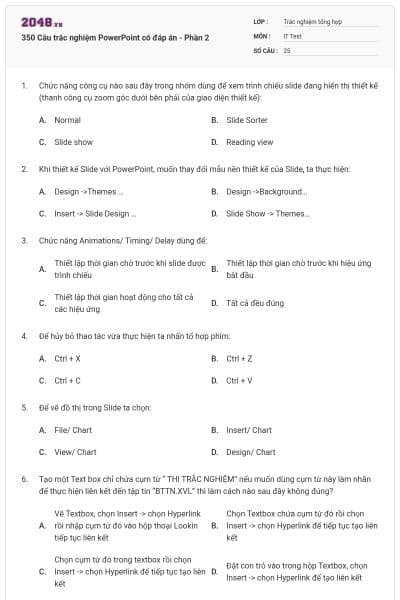 350 Câu trắc nghiệm PowerPoint có đáp án - Phần 2