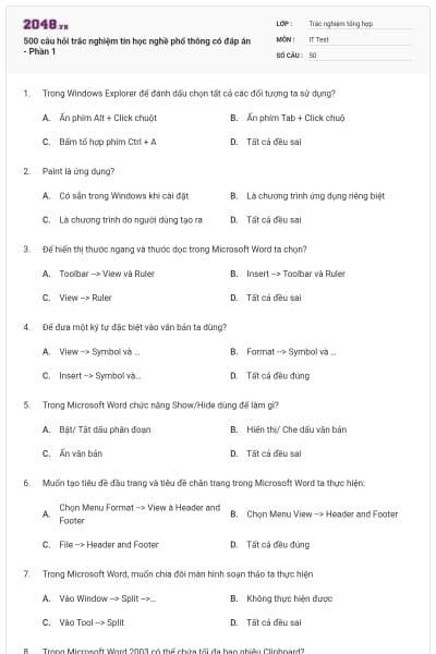 500 câu hỏi trắc nghiệm tin học nghề phổ thông có đáp án - Phần 1