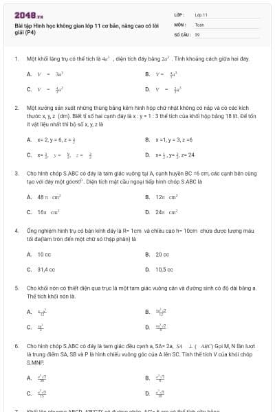 Bài tập Hình học không gian lớp 11 cơ bản, nâng cao có lời giải (P4)