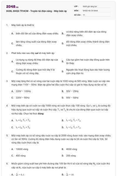 ĐGNL ĐHQG TP.HCM - Truyền tải điện năng - Máy biến áp