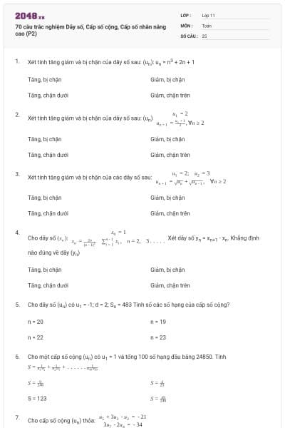 70 câu trắc nghiệm Dãy số, Cấp số cộng, Cấp số nhân nâng cao (P2)