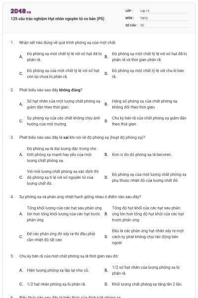 125 câu trắc nghiệm Hạt nhân nguyên tử cơ bản (P5)