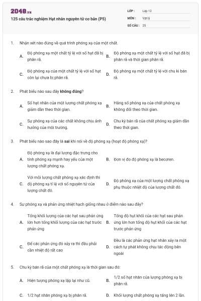 125 câu trắc nghiệm Hạt nhân nguyên tử cơ bản (P5)