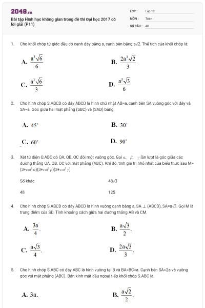 Bài tập Hình học không gian trong đề thi Đại học 2017 có lời giải (P11)