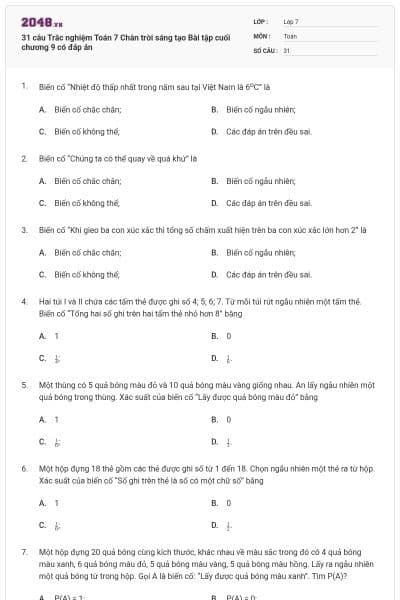 31 câu Trắc nghiệm Toán 7 Chân trời sáng tạo Bài tập cuối chương 9 có đáp án