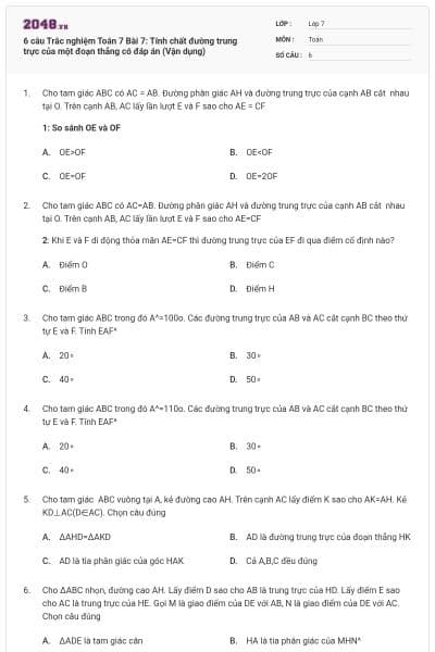 6 câu Trắc nghiệm Toán 7 Bài 7: Tính chất đường trung trực của một đoạn thẳng có đáp án (Vận dụng)