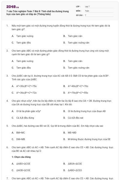 7 câu Trắc nghiệm Toán 7 Bài 8: Tính chất ba đường trung trực của tam giác có đáp án (Thông hiểu)
