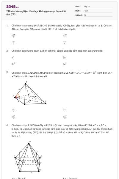 210 câu trắc nghiệm Hình học không gian cực hay có lời giải (P2)