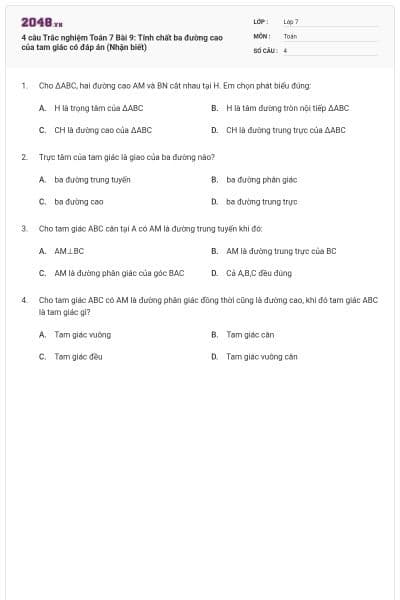 4 câu Trắc nghiệm Toán 7 Bài 9: Tính chất ba đường cao của tam giác có đáp án (Nhận biết)