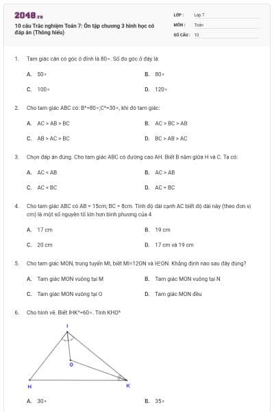 10 câu Trắc nghiệm Toán 7: Ôn tập chương 3 hình học có đáp án (Thông hiểu)