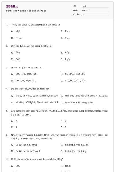 Đề thi Hóa 9 giữa kì 1 có đáp án (Đề 6)