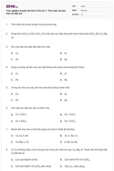 Trắc nghiệm chuyên đề Hóa 9 Chủ đề 1: Tính chất của kim loại (có đáp án)