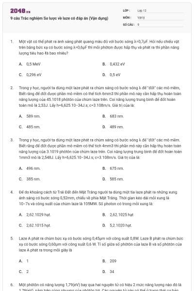 9 câu Trắc nghiệm Sơ lược về laze có đáp án (Vận dụng)