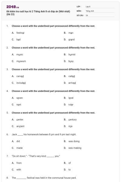 Đề kiểm tra cuối học kì 2 Tiếng Anh 8 có đáp án (Mới nhất) (Đề 23)