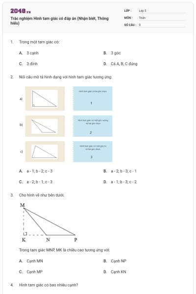 Trắc nghiệm Hình tam giác có đáp án (Nhận biết, Thông hiểu)