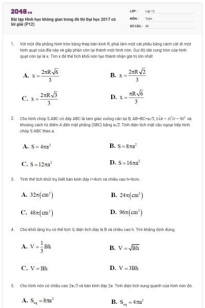 Bài tập Hình học không gian trong đề thi Đại học 2017 có lời giải (P12)