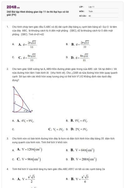 260 Bài tập Hình không gian lớp 11 ôn thi Đại học có lời giải (P4)