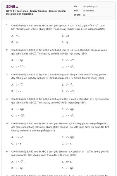 ĐGTD ĐH Bách khoa - Tư duy Toán học - Khoảng cách từ một điểm đến mặt phẳng