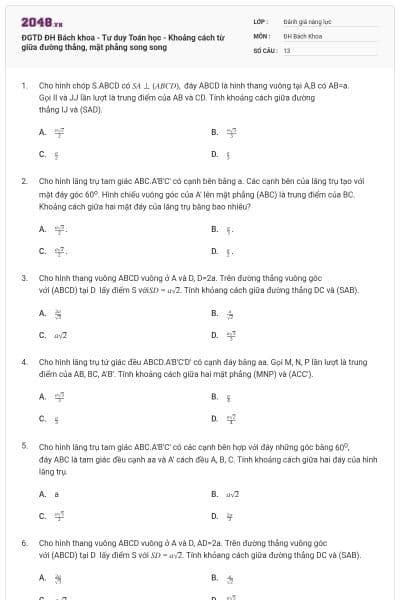 ĐGTD ĐH Bách khoa - Tư duy Toán học - Khoảng cách từ giữa đường thẳng, mặt phẳng song song