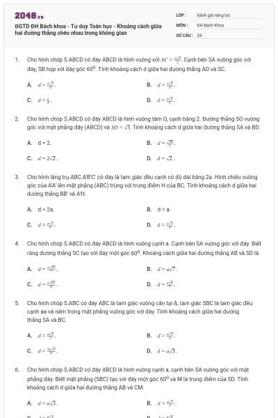 ĐGTD ĐH Bách khoa - Tư duy Toán học - Khoảng cách giữa hai đường thẳng chéo nhau trong không gian