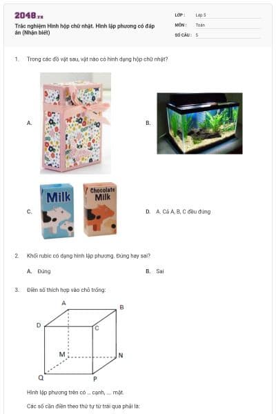 Trắc nghiệm Hình hộp chữ nhật. Hình lập phương có đáp án (Nhận biết)