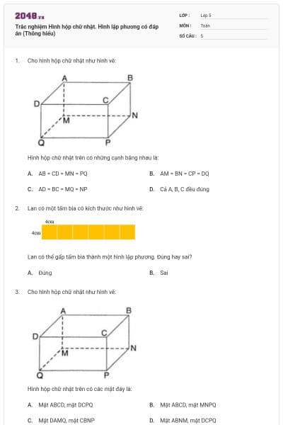 Trắc nghiệm Hình hộp chữ nhật. Hình lập phương có đáp án (Thông hiểu)