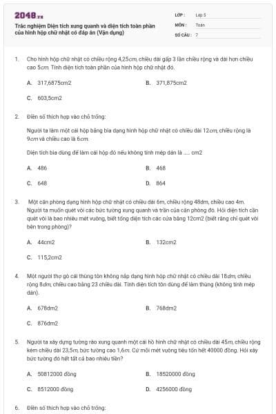 Trắc nghiệm Diện tích xung quanh và diện tích toàn phần của hình hộp chữ nhật có đáp án (Vận dụng)