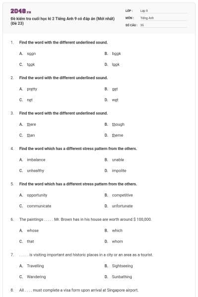 Đề kiểm tra cuối học kì 2 Tiếng Anh 9 có đáp án (Mới nhất) (Đề 23)