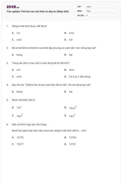 Trắc nghiệm Thể tích của một hình có đáp án (Nhận biết)