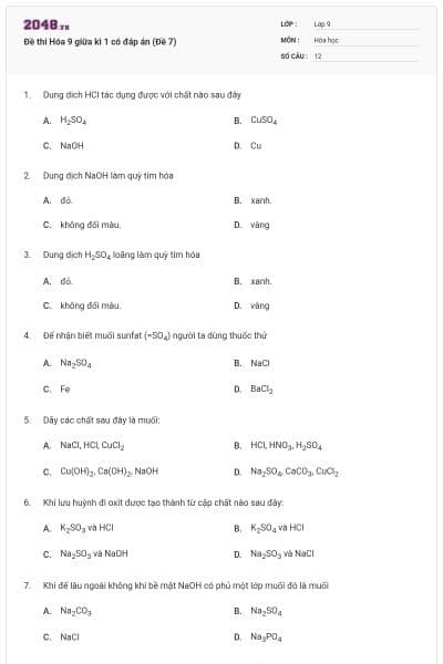 Đề thi Hóa 9 giữa kì 1 có đáp án (Đề 7)