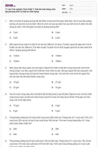 11 câu Trắc nghiệm Toán 8 Bài 7: Giải bài toán bằng cách lập phương trình có đáp án (Vận dụng)