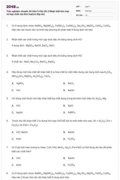 Trắc nghiệm chuyên đè Hóa 9 Chủ đề 2:Nhận biết kim loại và hợp chất của kim loại(có đáp án)