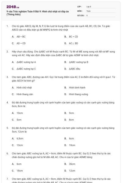 9 câu Trắc nghiệm Toán 8 Bài 9: Hình chữ nhật có đáp án (Thông hiểu)