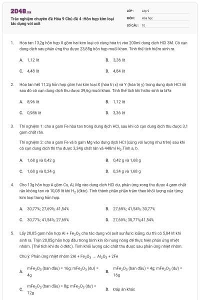 Trắc nghiệm chuyên đề Hóa 9 Chủ đề 4 :Hỗn hợp kim loại tác dụng với axit