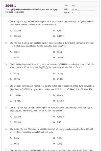 Trắc nghiệm chuyên Đề Hóa 9 Chủ đề 6;Kim loại tác dụng với nước (có đáp án)