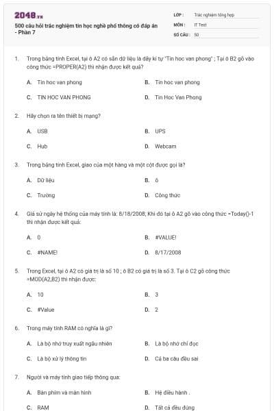 500 câu hỏi trắc nghiệm tin học nghề phổ thông có đáp án - Phần 7