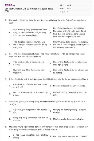 700 câu trắc nghiệm Lịch Sử Việt Nam hiện đại có đáp án (P1)
