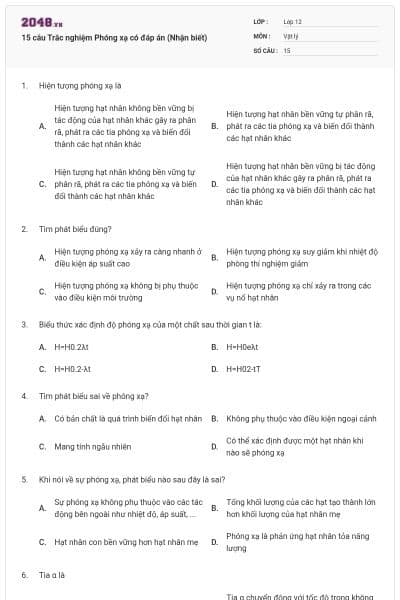 15 câu Trắc nghiệm Phóng xạ có đáp án (Nhận biết)