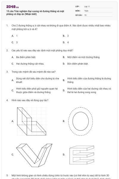 15 câu Trắc nghiệm Đại cương về đường thẳng và mặt phẳng có đáp án (Nhận biết)