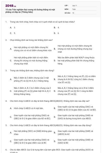 15 câu Trắc nghiệm Đại cương về đường thẳng và mặt phẳng có đáp án (Thông hiểu)