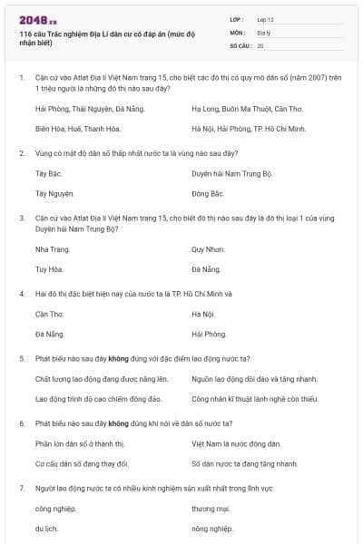 116 câu Trắc nghiệm Địa Lí dân cư có đáp án (mức độ nhận biết)