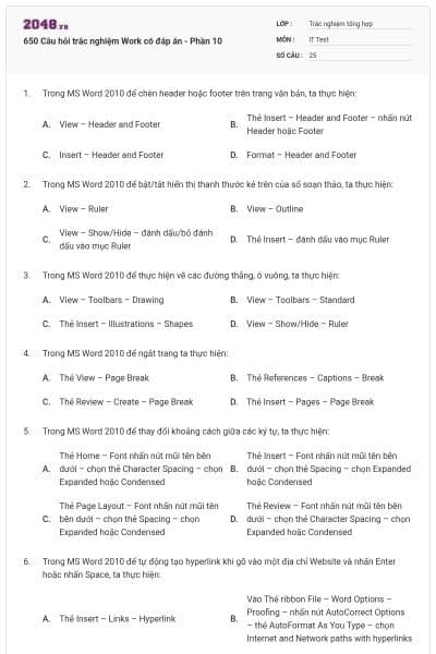 650 Câu hỏi trắc nghiệm Work có đáp án - Phần 10