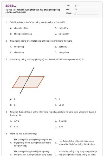 15 câu Trắc nghiệm Đường thẳng và mặt phẳng song song có đáp án (Nhận biết)